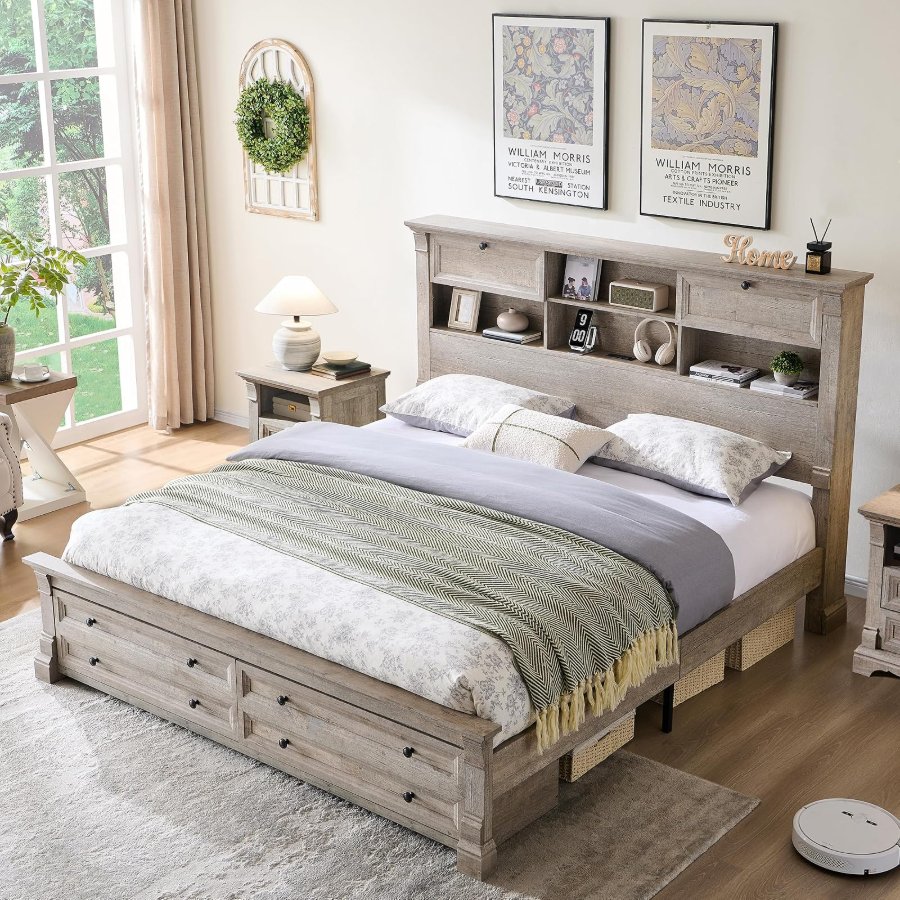 T4TREAM Farmhouse Wood King Size Bed Frame